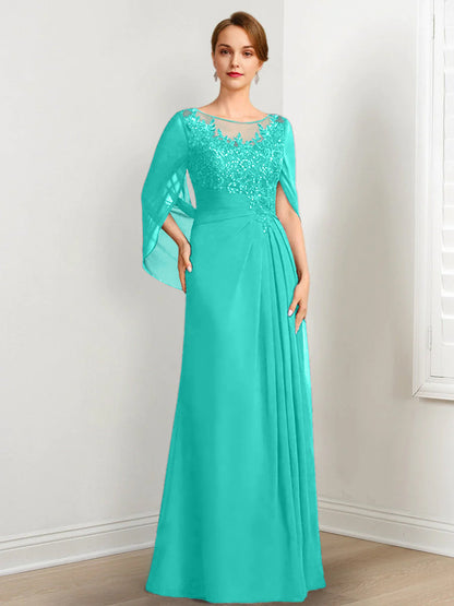 Vestidos de madre de la novia de corte A/princesa, largo hasta el suelo, con escote redondo, plisados ​​y lentejuelas