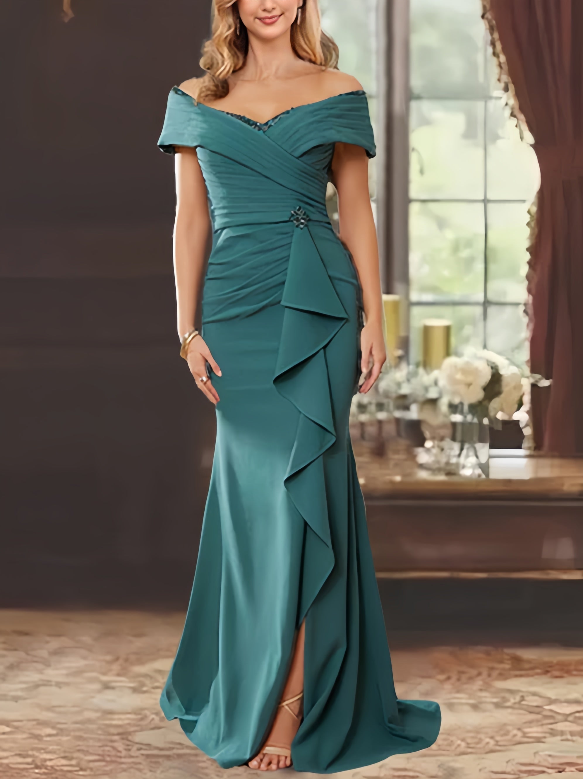 Vestidos para madre de la novia con corte tubo, hombros descubiertos, sin mangas, largo hasta el suelo y volantes