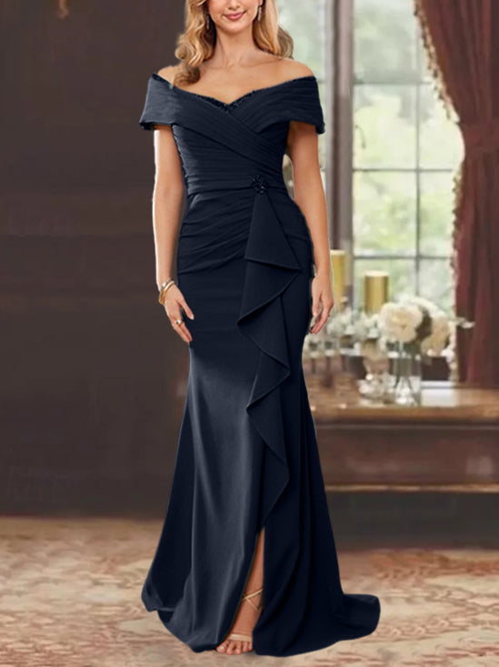 Vestidos para madre de la novia con corte tubo, hombros descubiertos, sin mangas, largo hasta el suelo y volantes