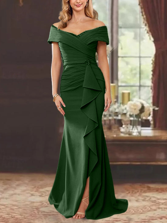 Vestidos para madre de la novia con corte tubo, hombros descubiertos, sin mangas, largo hasta el suelo y volantes