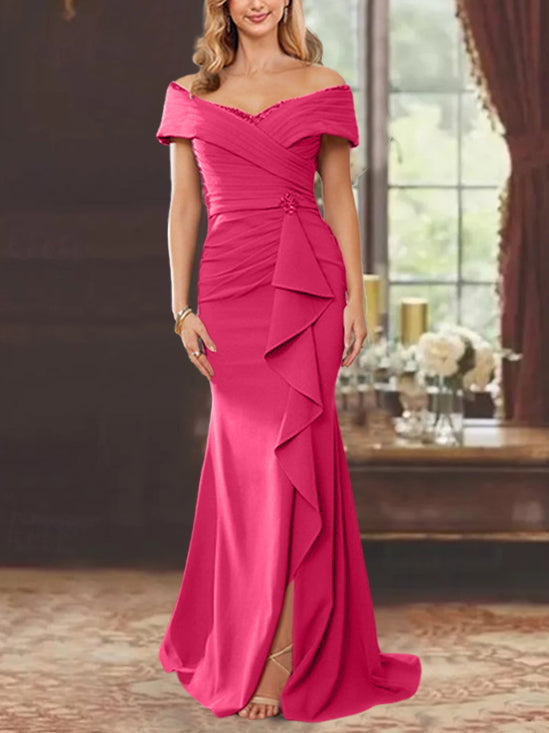 Vestidos para madre de la novia con corte tubo, hombros descubiertos, sin mangas, largo hasta el suelo y volantes
