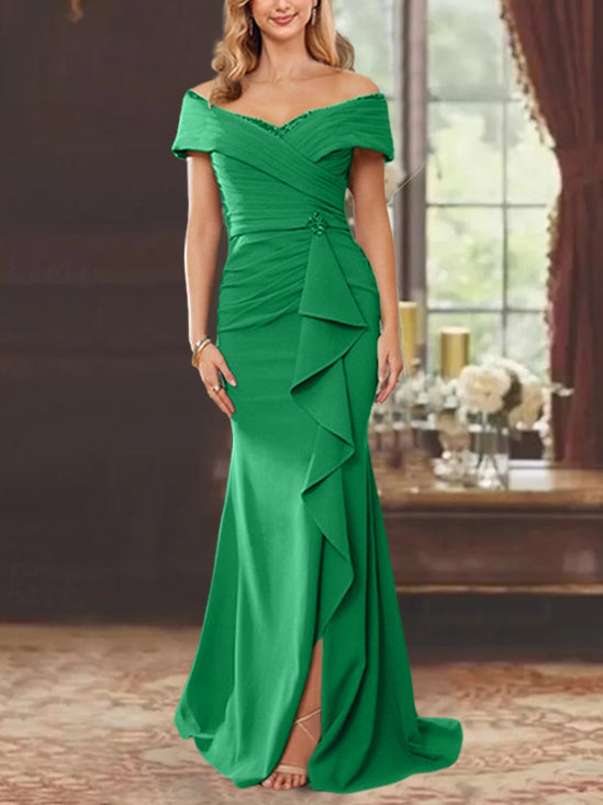 Vestidos para madre de la novia con corte tubo, hombros descubiertos, sin mangas, largo hasta el suelo y volantes