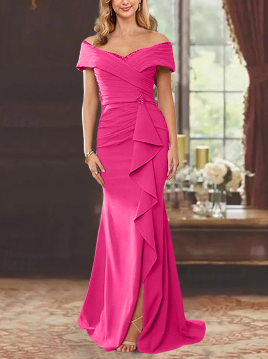 Vestidos para madre de la novia con corte tubo, hombros descubiertos, sin mangas, largo hasta el suelo y volantes