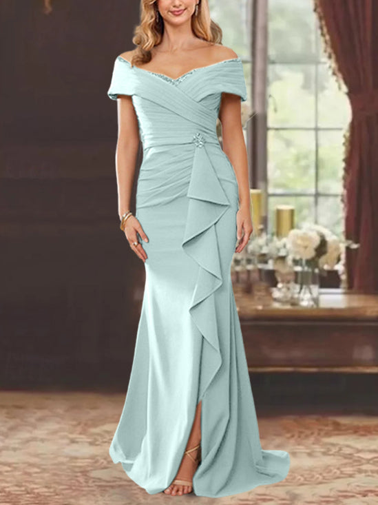 Vestidos para madre de la novia con corte tubo, hombros descubiertos, sin mangas, largo hasta el suelo y volantes