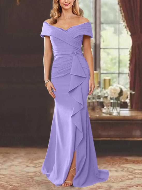 Vestidos para madre de la novia con corte tubo, hombros descubiertos, sin mangas, largo hasta el suelo y volantes