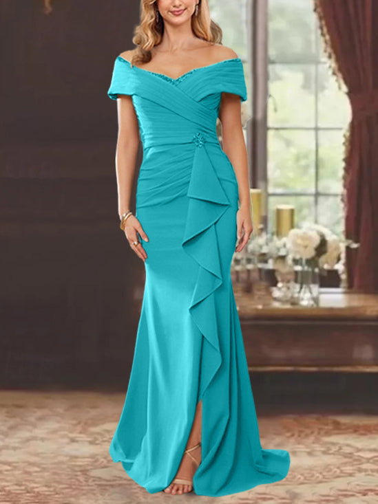 Vestidos para madre de la novia con corte tubo, hombros descubiertos, sin mangas, largo hasta el suelo y volantes