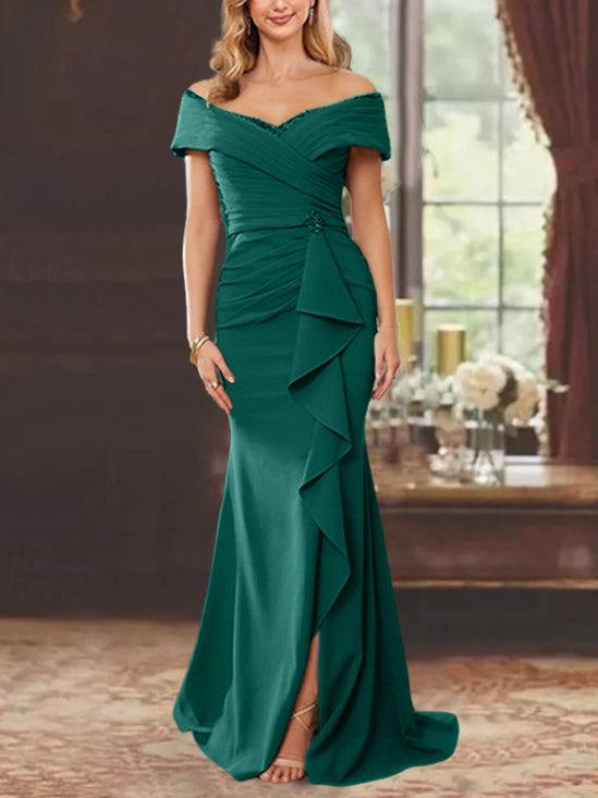 Vestidos para madre de la novia con corte tubo, hombros descubiertos, sin mangas, largo hasta el suelo y volantes