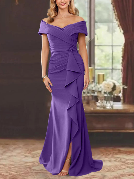 Vestidos para madre de la novia con corte tubo, hombros descubiertos, sin mangas, largo hasta el suelo y volantes
