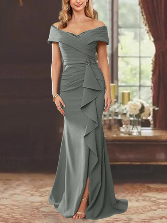 Vestidos para madre de la novia con corte tubo, hombros descubiertos, sin mangas, largo hasta el suelo y volantes