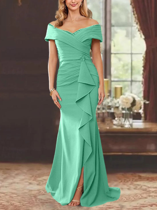 Vestidos para madre de la novia con corte tubo, hombros descubiertos, sin mangas, largo hasta el suelo y volantes