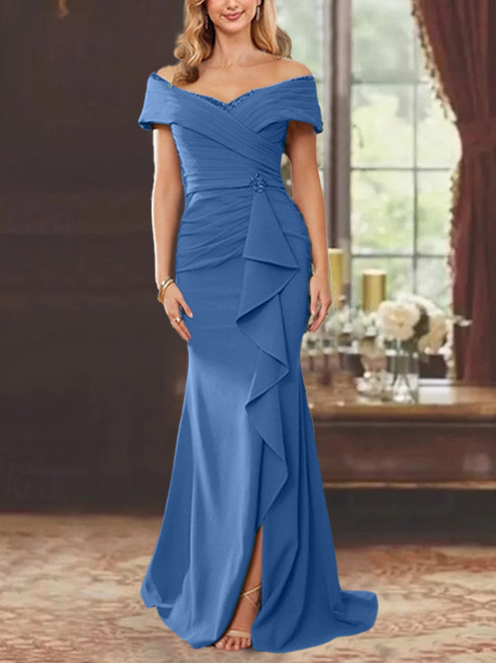 Vestidos para madre de la novia con corte tubo, hombros descubiertos, sin mangas, largo hasta el suelo y volantes