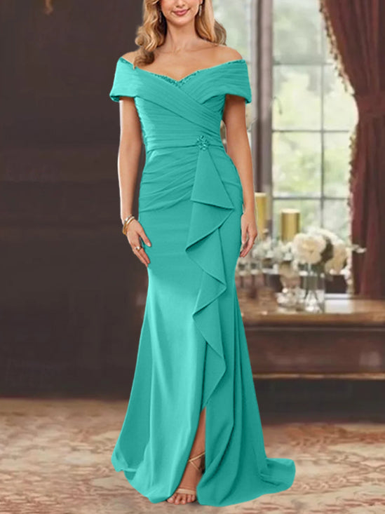 Vestidos para madre de la novia con corte tubo, hombros descubiertos, sin mangas, largo hasta el suelo y volantes