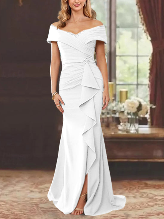Vestidos para madre de la novia con corte tubo, hombros descubiertos, sin mangas, largo hasta el suelo y volantes