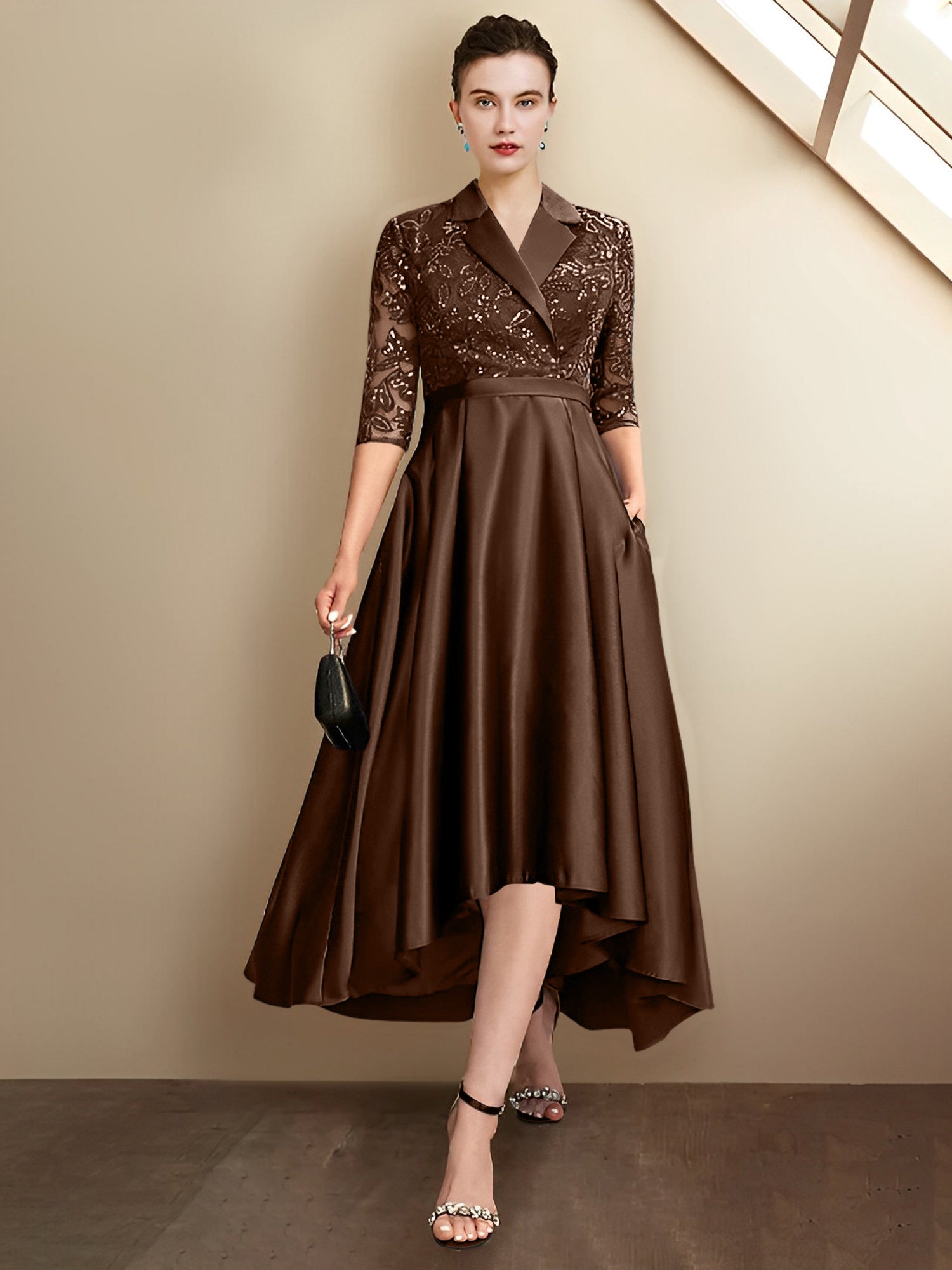Vestidos para madre de la novia con escote en V, corte tubo y largo hasta la rodilla
