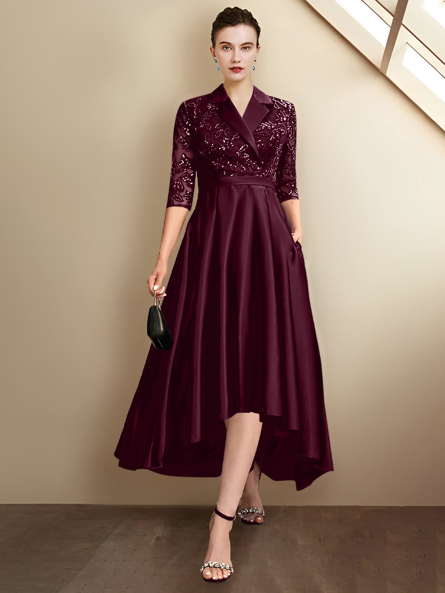 Vestidos para madre de la novia con escote en V, corte tubo y largo hasta la rodilla