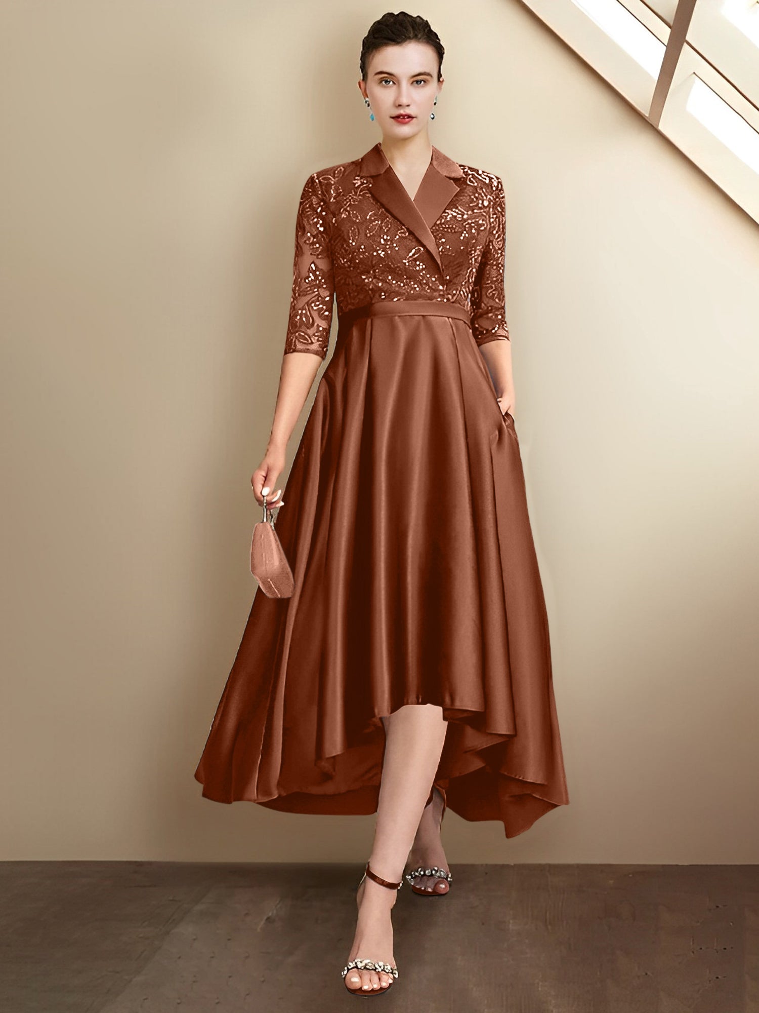 Vestidos para madre de la novia con escote en V, corte tubo y largo hasta la rodilla