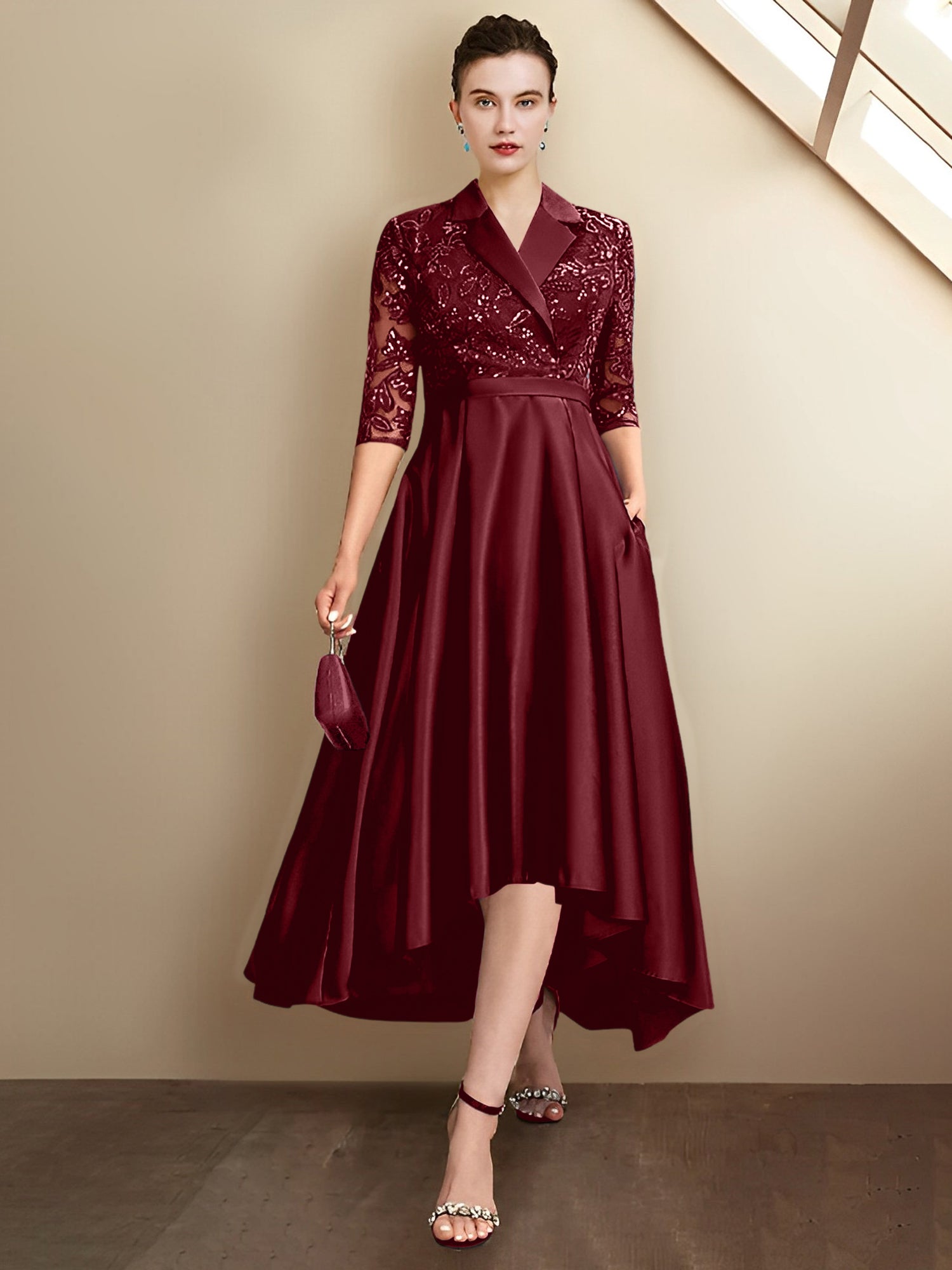 Vestidos para madre de la novia con escote en V, corte tubo y largo hasta la rodilla