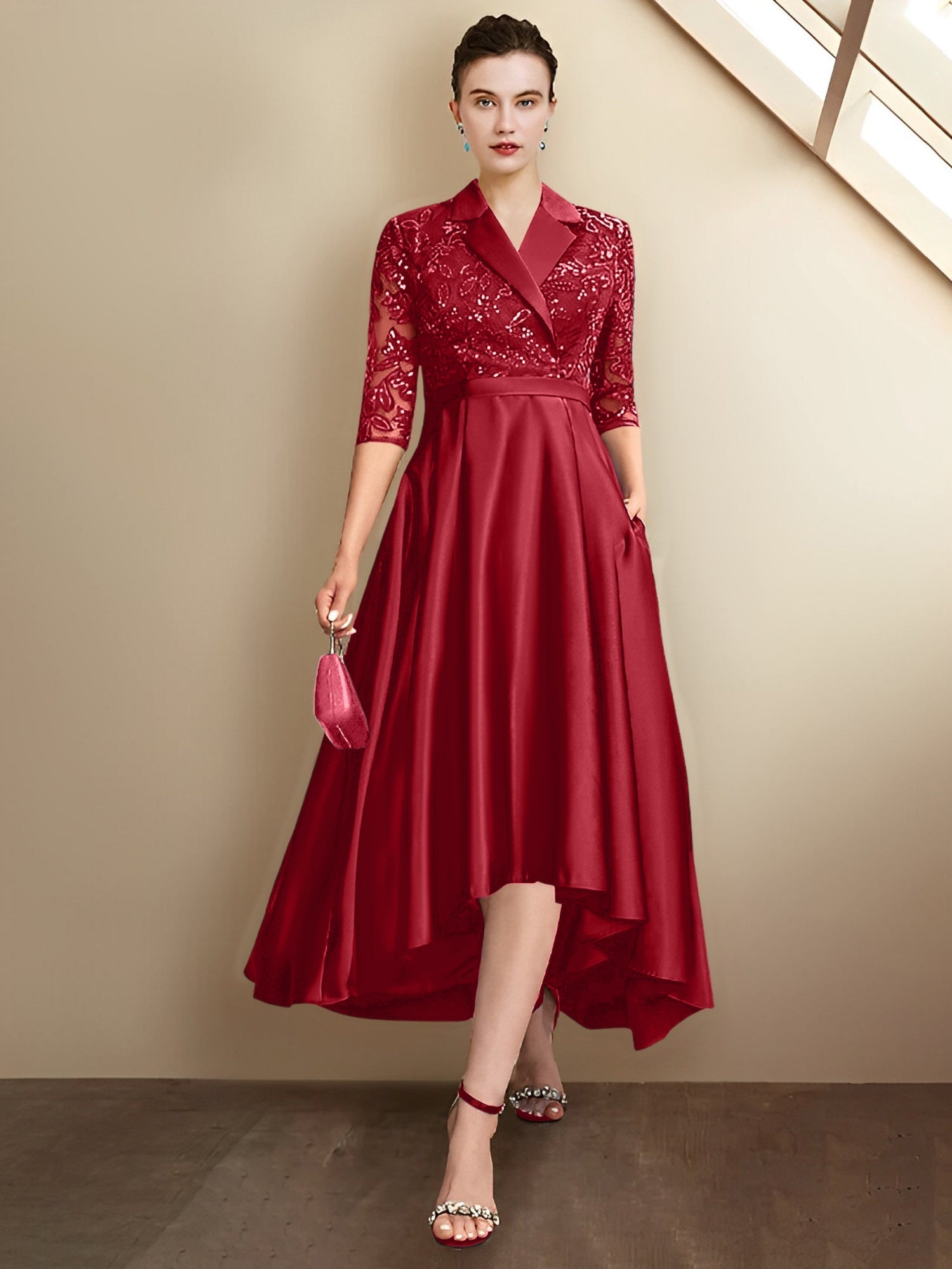 Vestidos para madre de la novia con escote en V, corte tubo y largo hasta la rodilla