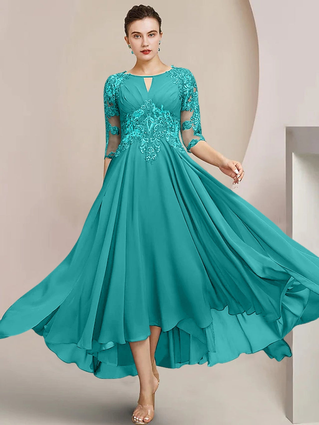 Vestidos de madre de la novia de corte A/princesa con escote redondo y largo hasta la rodilla