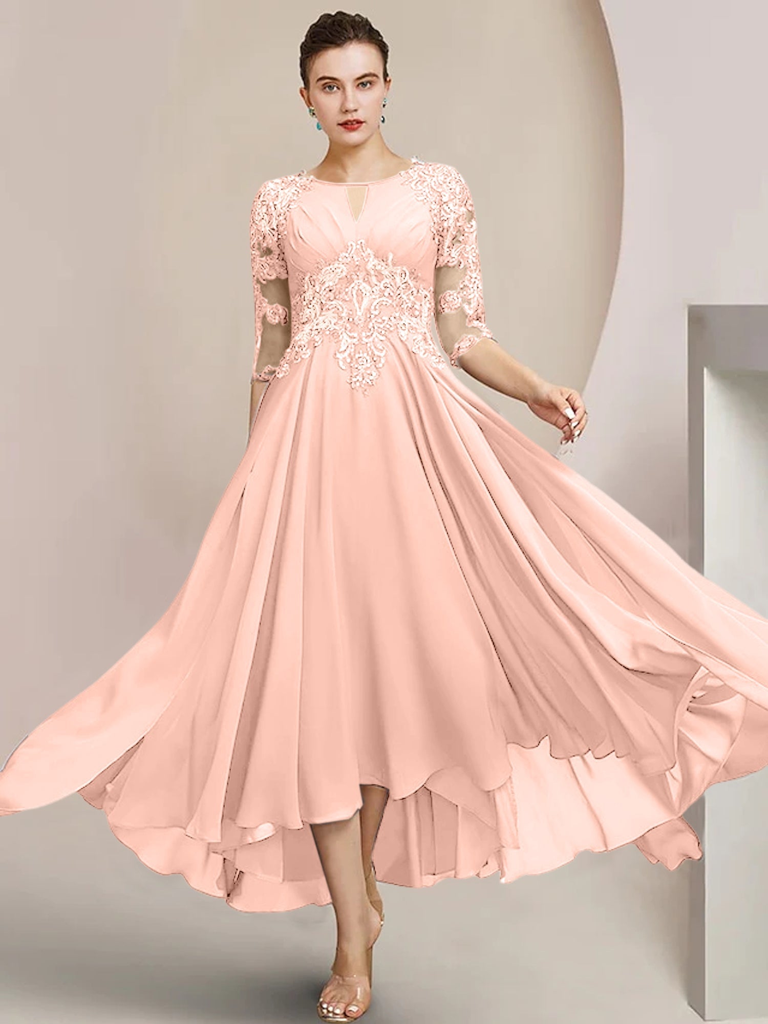 Vestidos de madre de la novia de corte A/princesa con escote redondo y largo hasta la rodilla