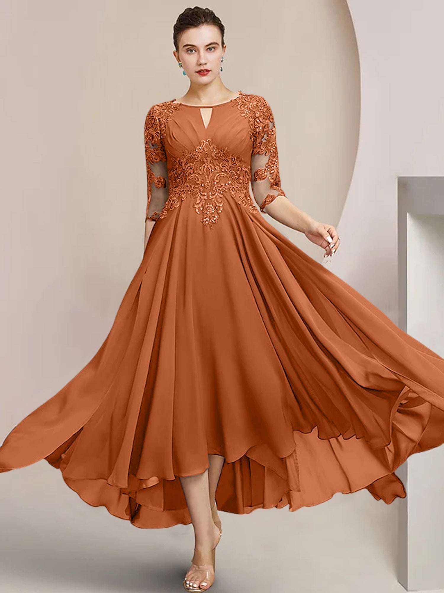 Vestidos de madre de la novia de corte A/princesa con escote redondo y largo hasta la rodilla