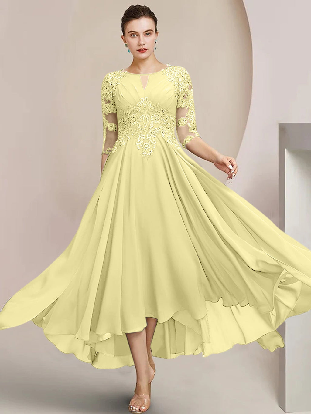 Vestidos de madre de la novia de corte A/princesa con escote redondo y largo hasta la rodilla