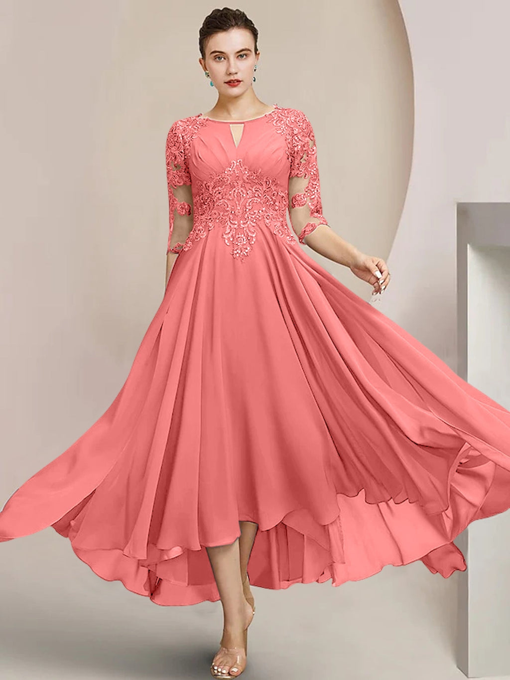Vestidos de madre de la novia de corte A/princesa con escote redondo y largo hasta la rodilla