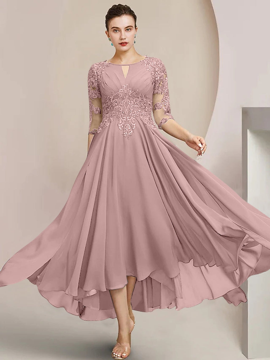Vestidos de madre de la novia de corte A/princesa con escote redondo y largo hasta la rodilla