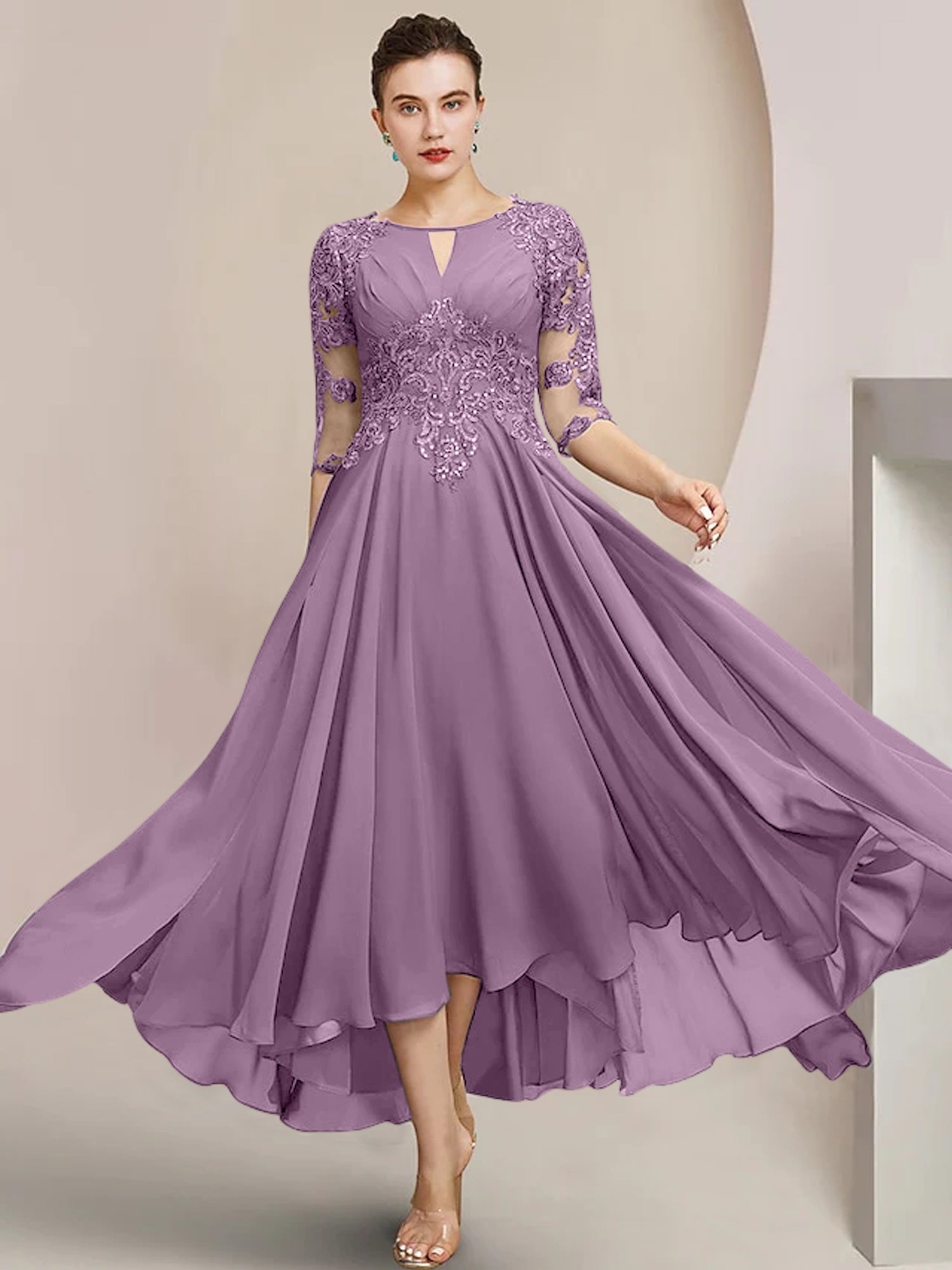 Vestidos de madre de la novia de corte A/princesa con escote redondo y largo hasta la rodilla
