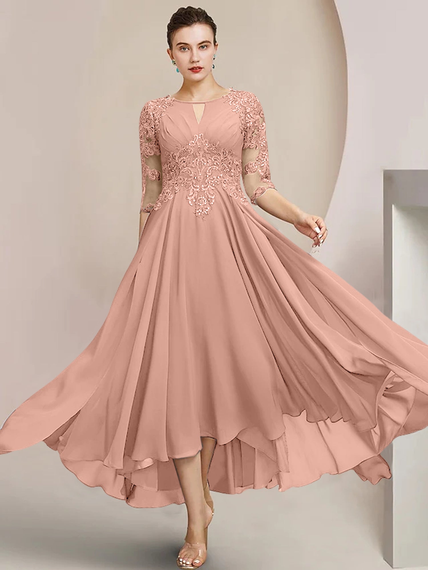 Vestidos de madre de la novia de corte A/princesa con escote redondo y largo hasta la rodilla