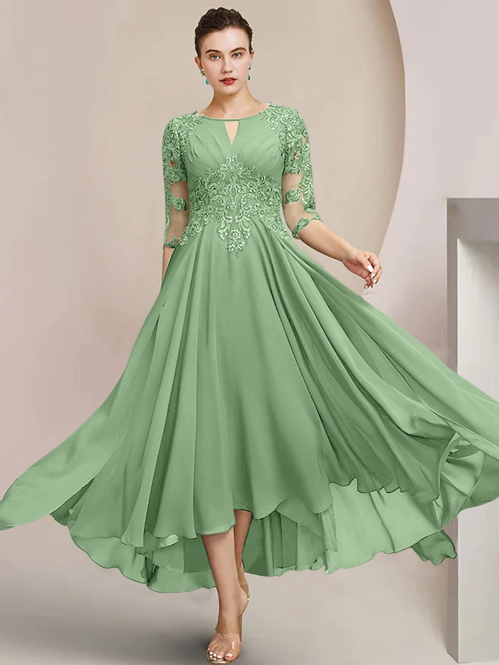 Vestidos de madre de la novia de corte A/princesa con escote redondo y largo hasta la rodilla