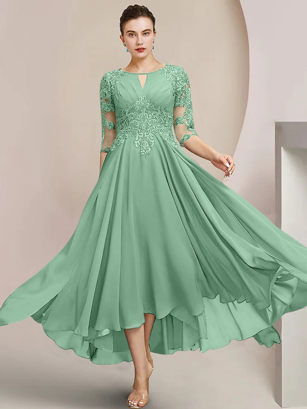 Vestidos de madre de la novia de corte A/princesa con escote redondo y largo hasta la rodilla