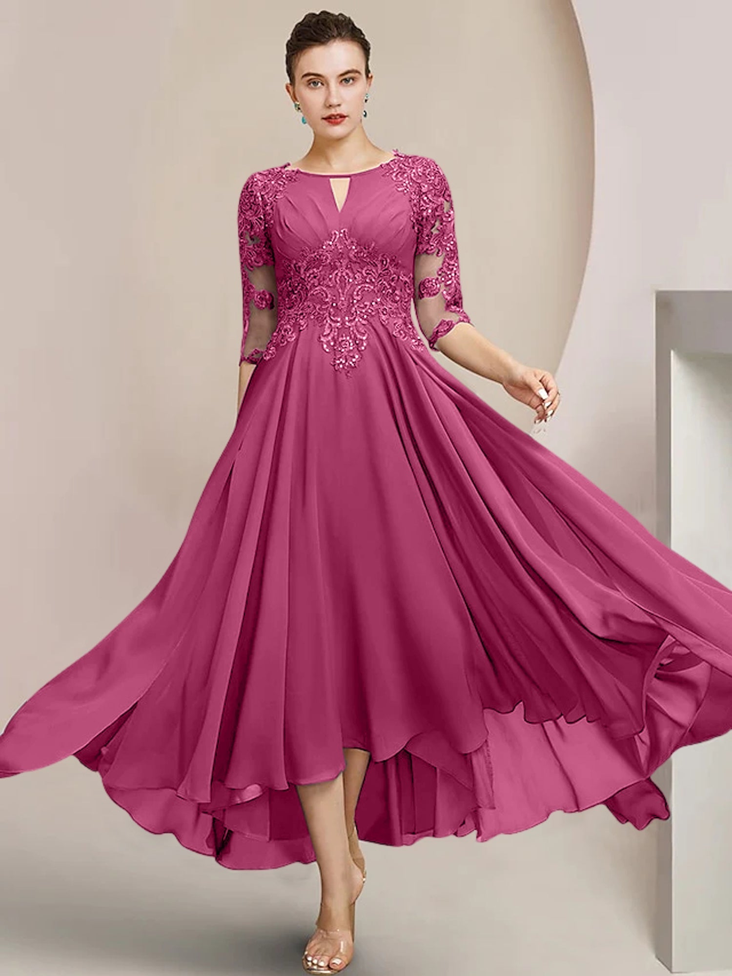Vestidos de madre de la novia de corte A/princesa con escote redondo y largo hasta la rodilla
