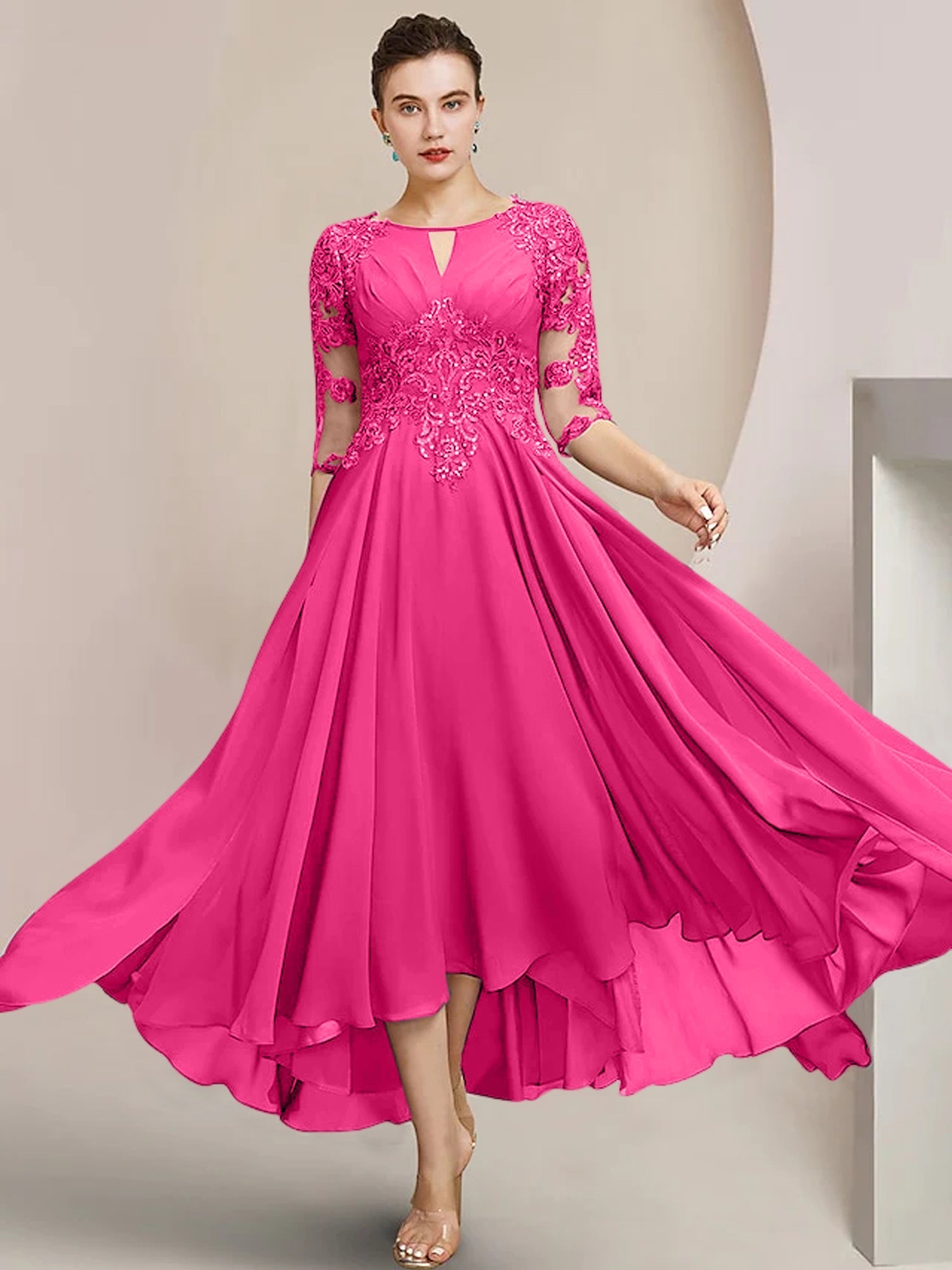Vestidos de madre de la novia de corte A/princesa con escote redondo y largo hasta la rodilla