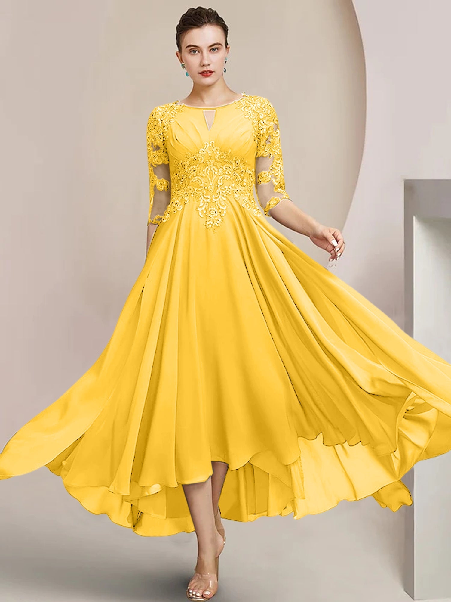 Vestidos de madre de la novia de corte A/princesa con escote redondo y largo hasta la rodilla