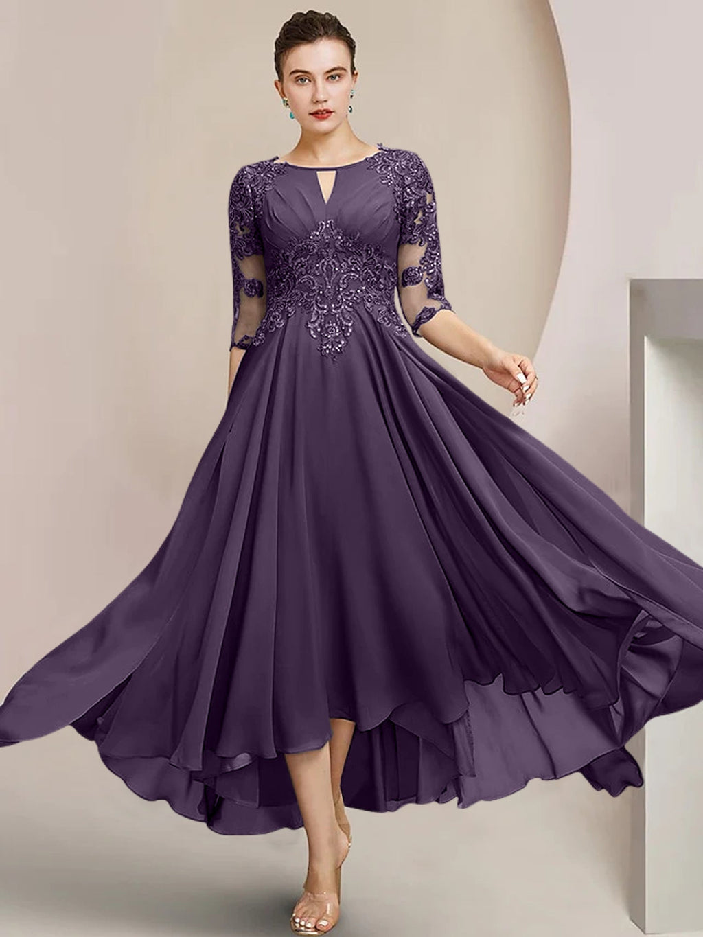 Vestidos de madre de la novia de corte A/princesa con escote redondo y largo hasta la rodilla