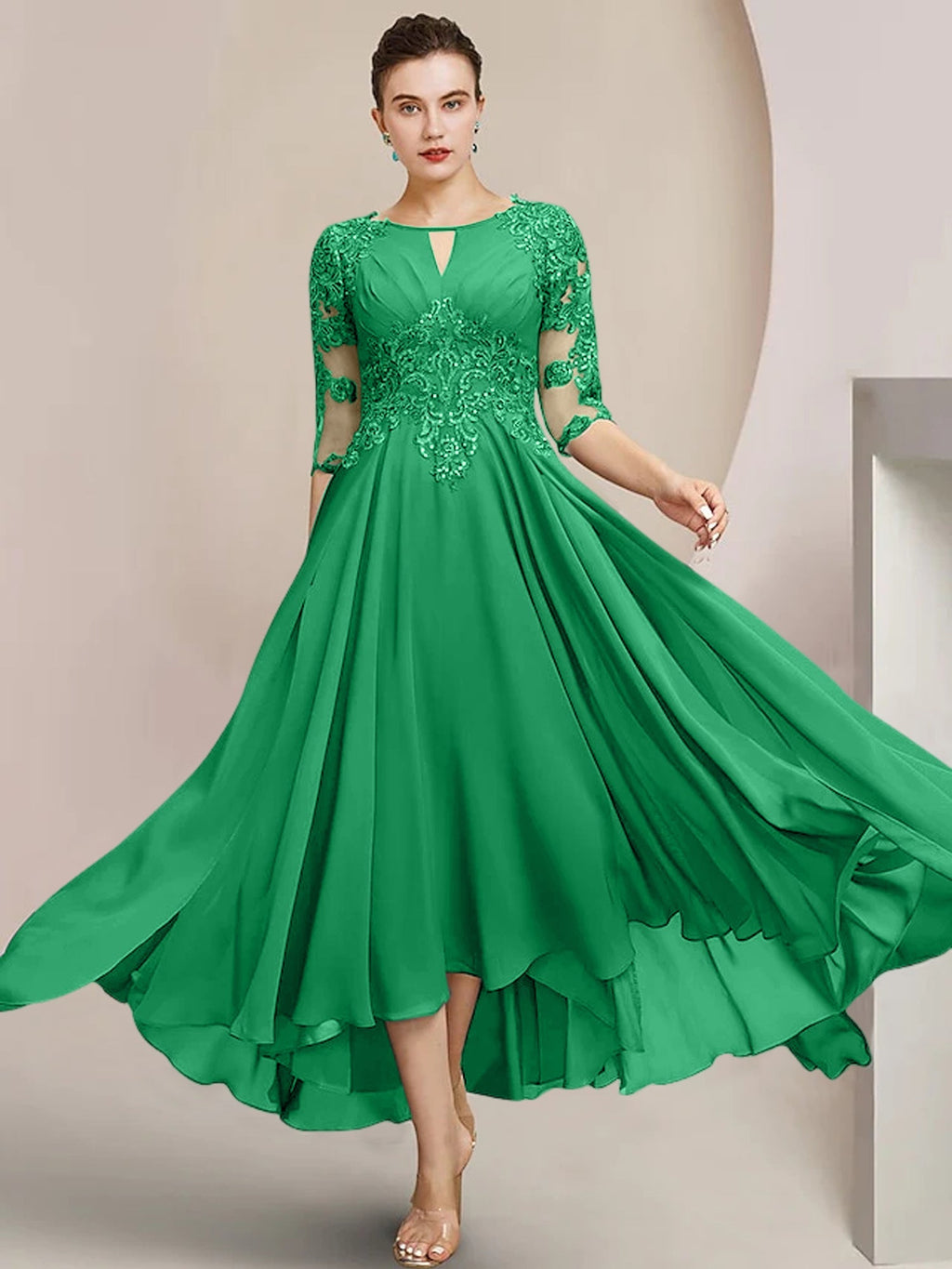 Vestidos de madre de la novia de corte A/princesa con escote redondo y largo hasta la rodilla