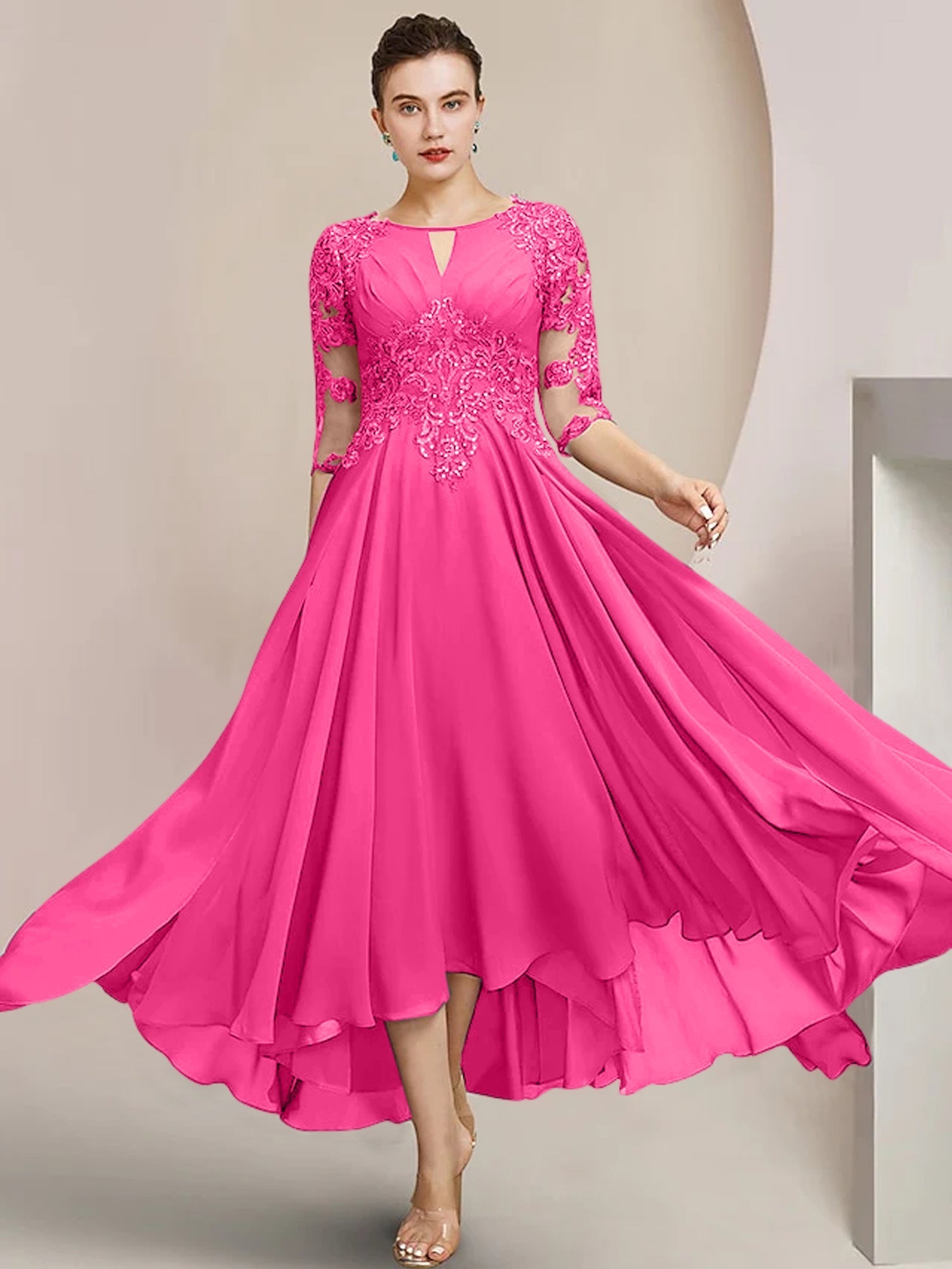Vestidos de madre de la novia de corte A/princesa con escote redondo y largo hasta la rodilla