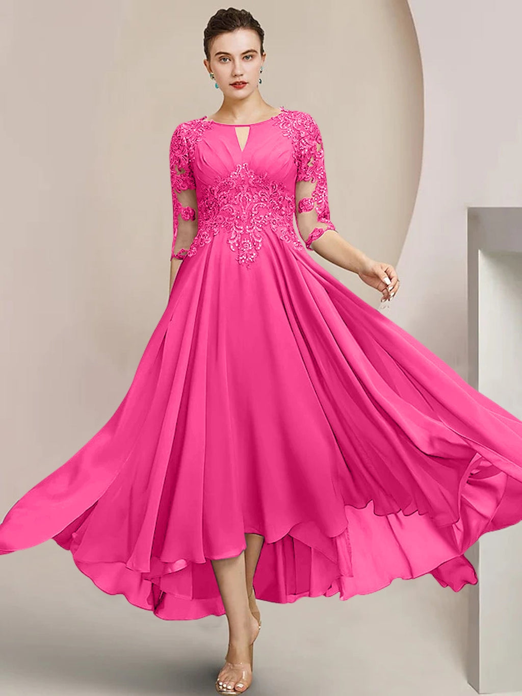 Vestidos de madre de la novia de corte A/princesa con escote redondo y largo hasta la rodilla
