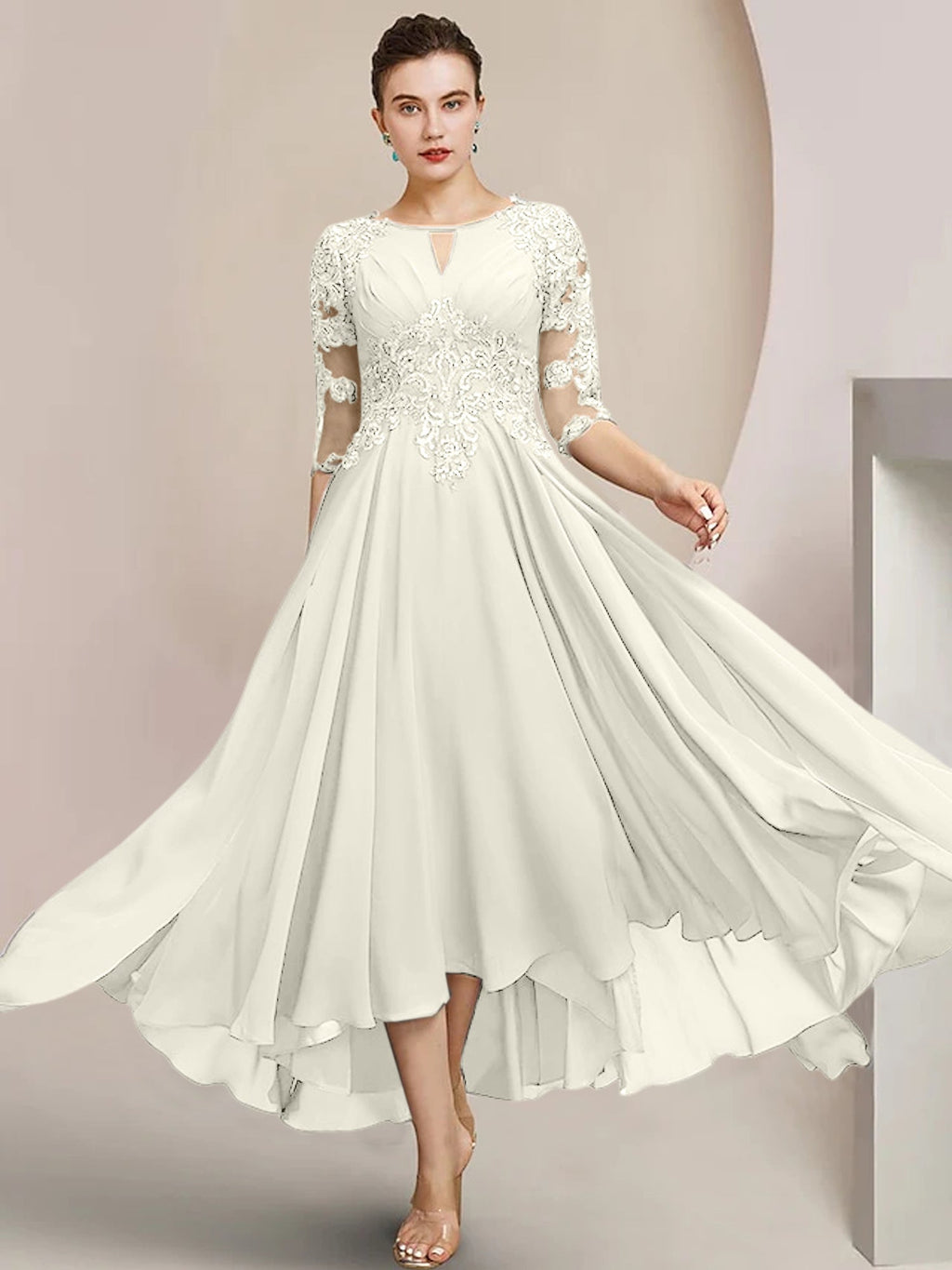 Vestidos de madre de la novia de corte A/princesa con escote redondo y largo hasta la rodilla