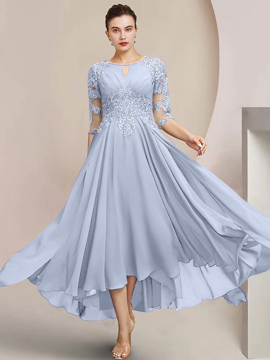 Vestidos de madre de la novia de corte A/princesa con escote redondo y largo hasta la rodilla