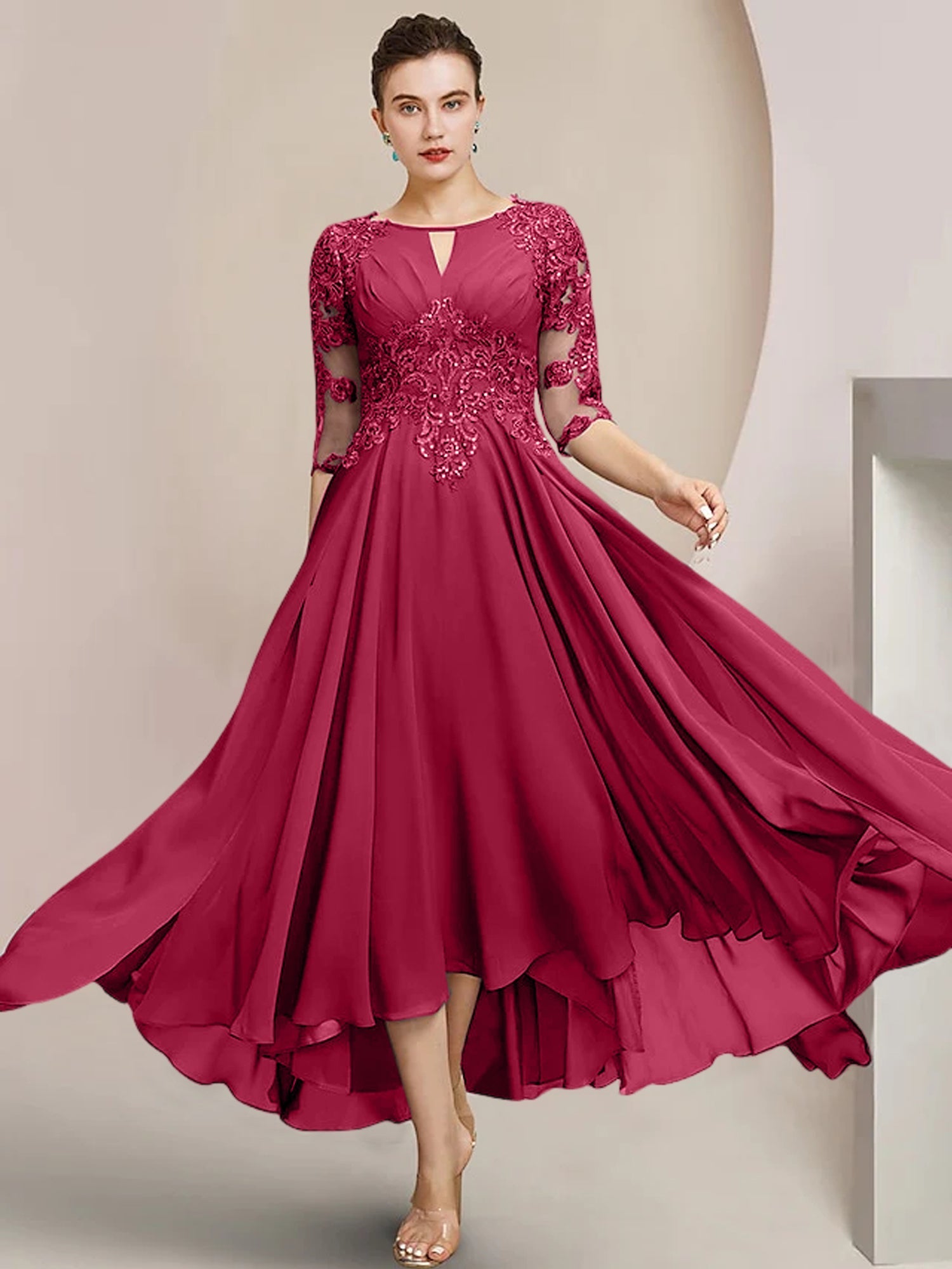 Vestidos de madre de la novia de corte A/princesa con escote redondo y largo hasta la rodilla