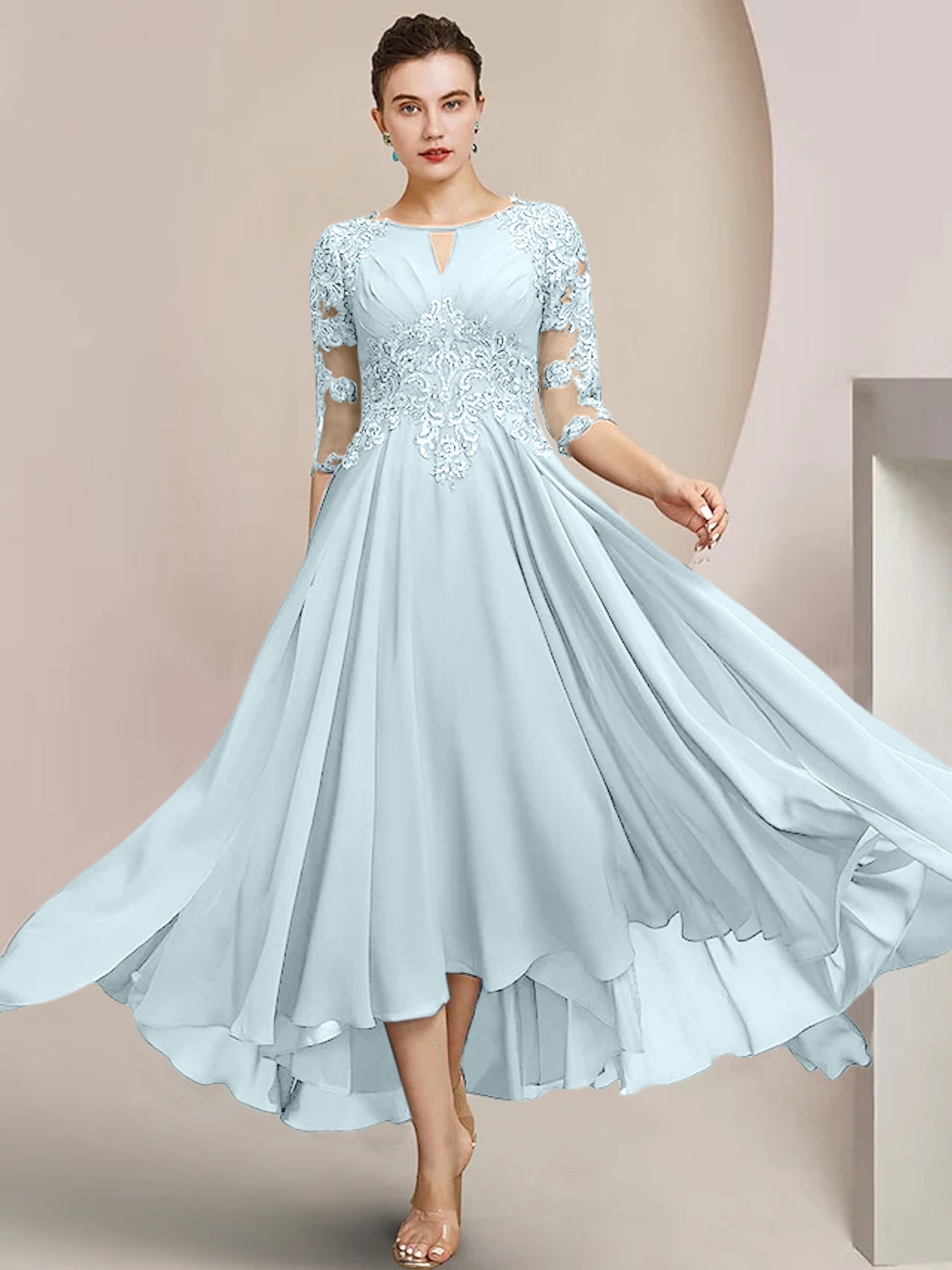 Vestidos de madre de la novia de corte A/princesa con escote redondo y largo hasta la rodilla