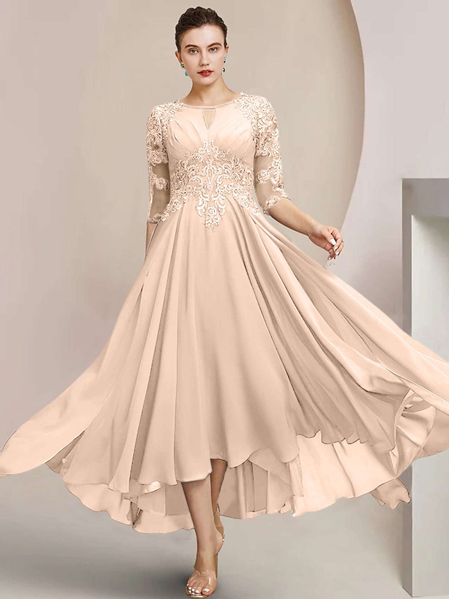Vestidos de madre de la novia de corte A/princesa con escote redondo y largo hasta la rodilla