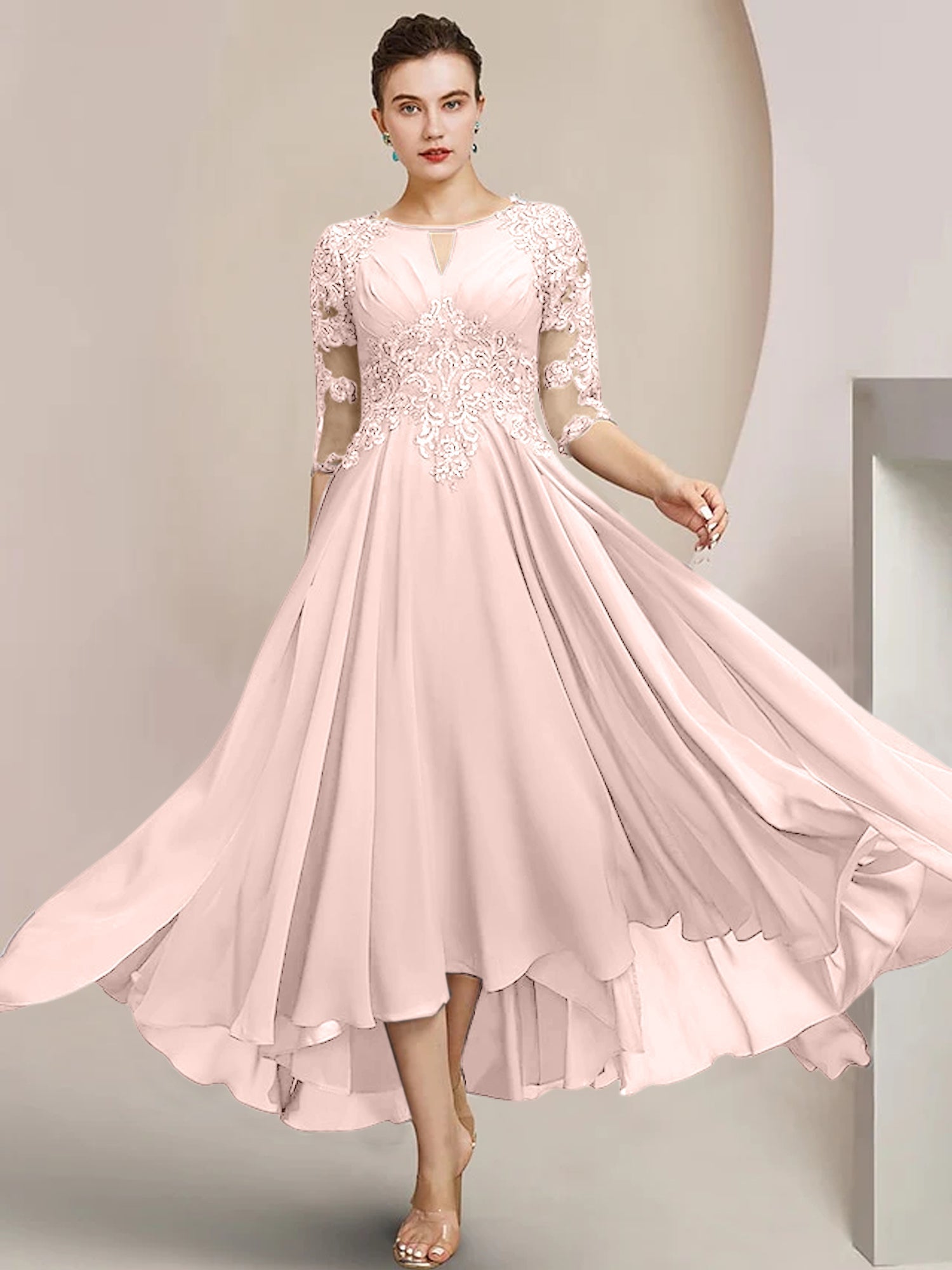 Vestidos de madre de la novia de corte A/princesa con escote redondo y largo hasta la rodilla
