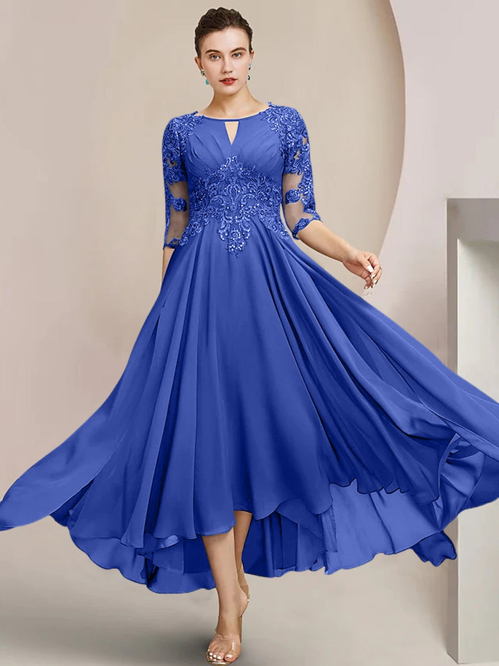 Vestidos de madre de la novia de corte A/princesa con escote redondo y largo hasta la rodilla
