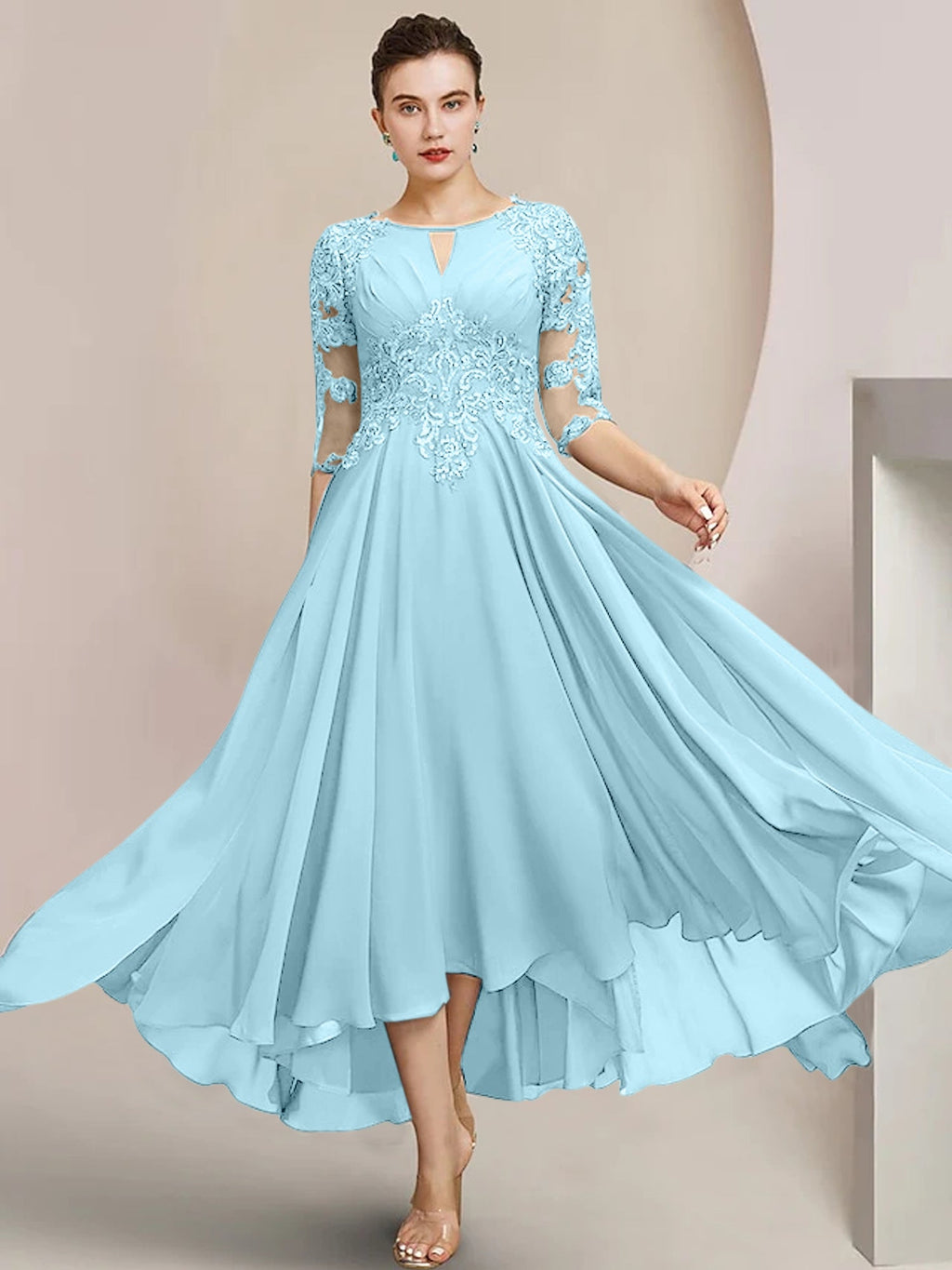 Vestidos de madre de la novia de corte A/princesa con escote redondo y largo hasta la rodilla