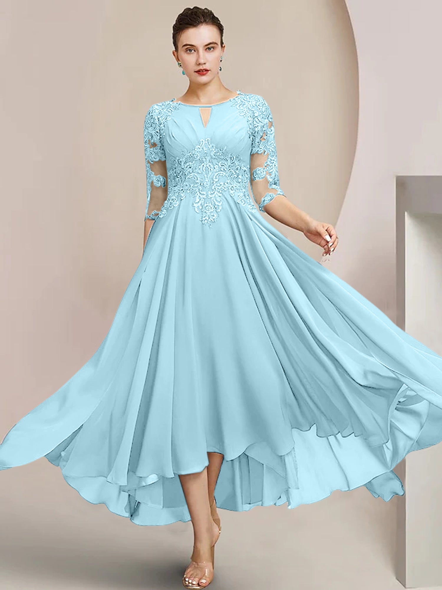 Vestidos de madre de la novia de corte A/princesa con escote redondo y largo hasta la rodilla