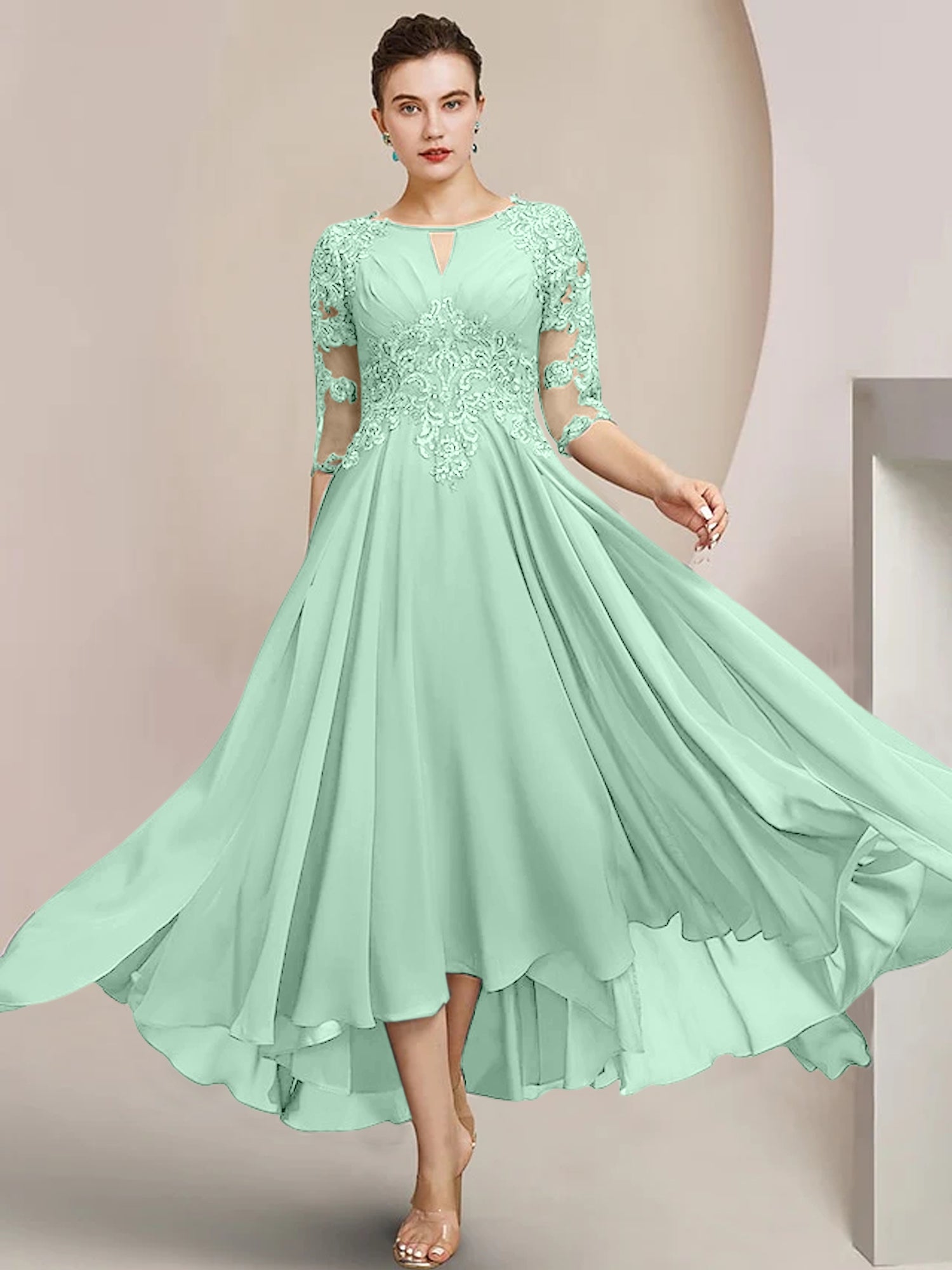 Vestidos de madre de la novia de corte A/princesa con escote redondo y largo hasta la rodilla