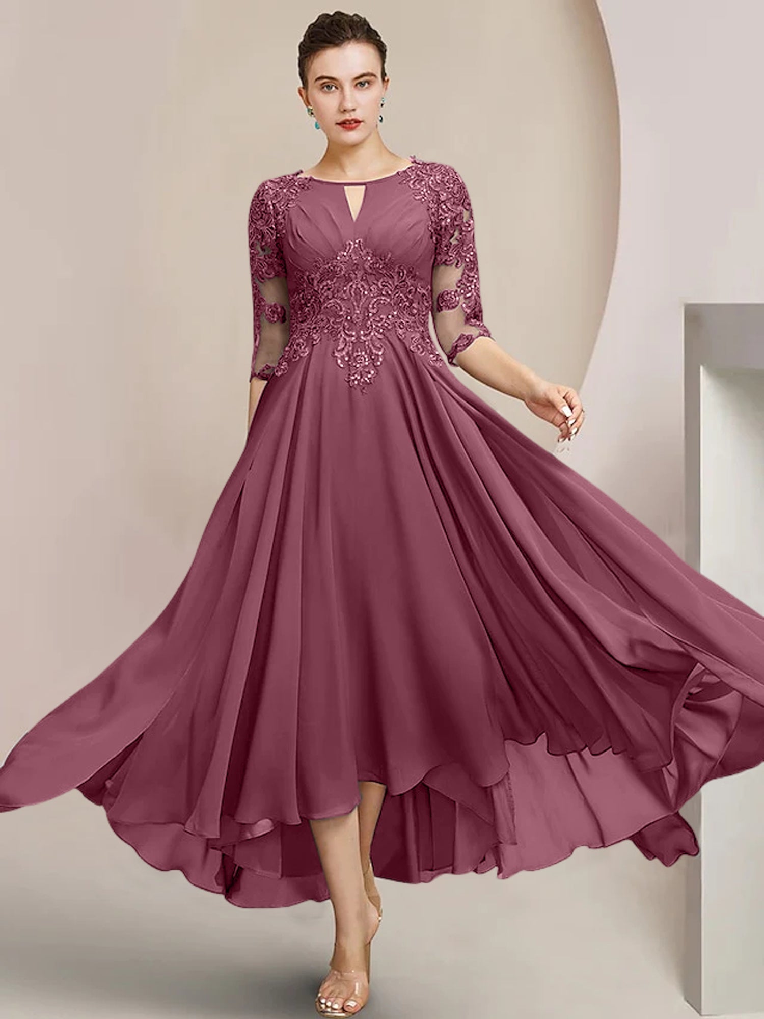Vestidos de madre de la novia de corte A/princesa con escote redondo y largo hasta la rodilla